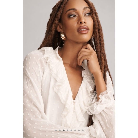 ANTHROPOLOGIE Long Sleeve V-Neck Ruffled Tunic Dress White Size XS NWT - Picture 4 of 10